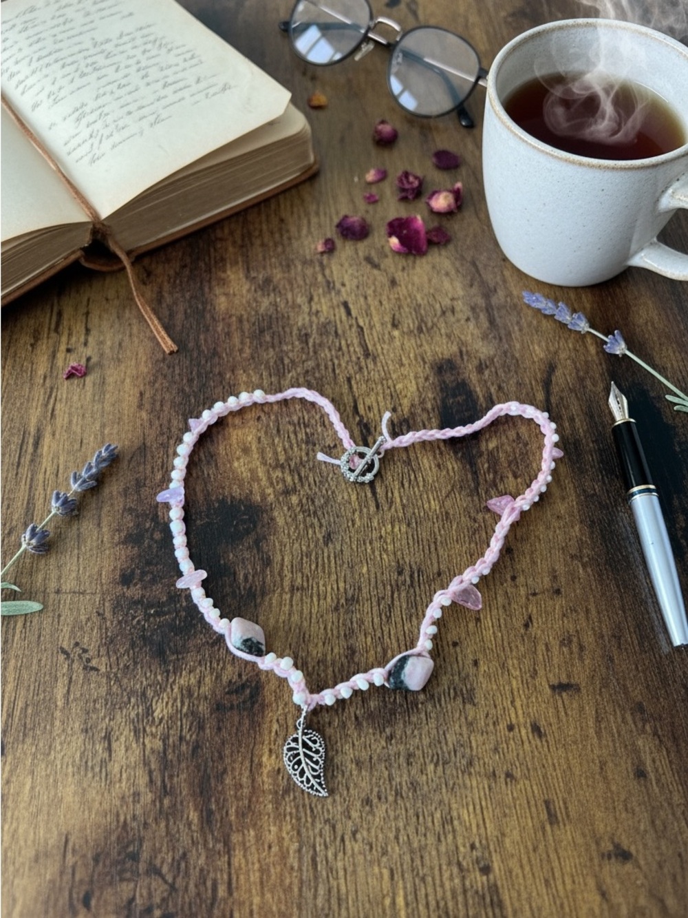 Pink Beaded Leaf Pendant Necklace - Feminine Everyday Jewelry